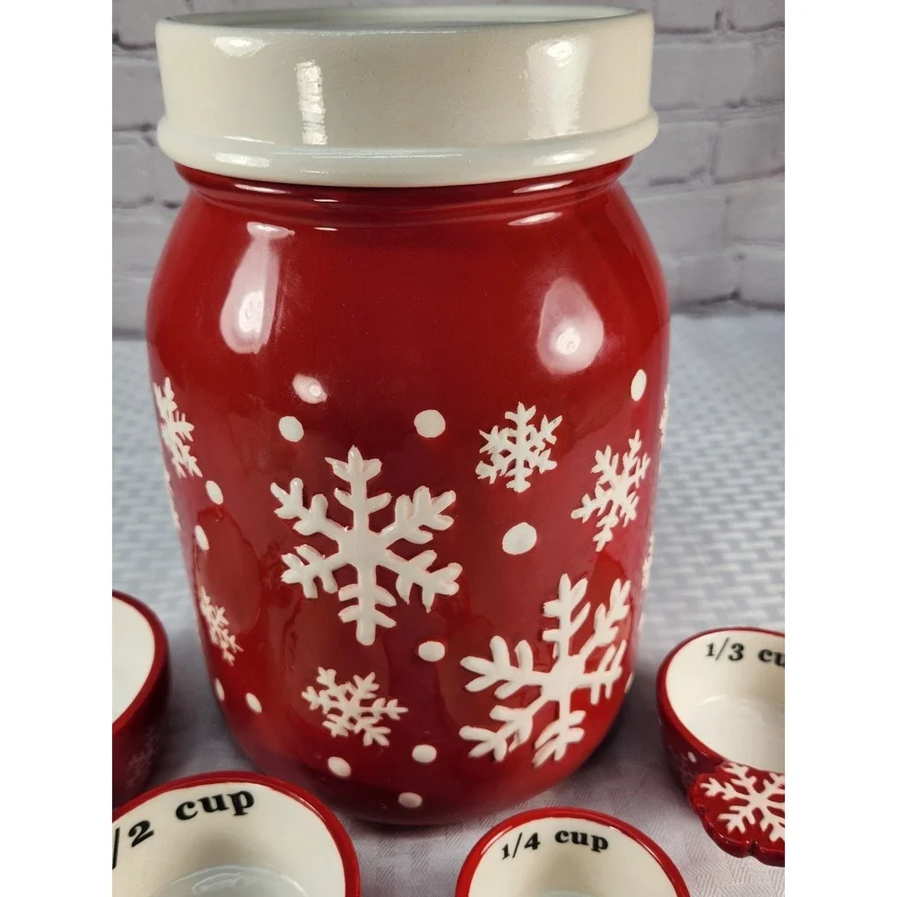 Red & White Snowflake‎ Cookie Jar + Matching Measuring Cups